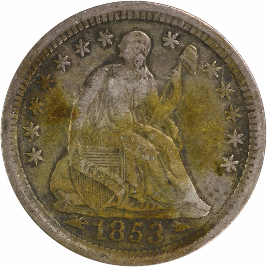1853 Liberty Seated Half Dime 90% Silver Uncertified: 1853 Liberty Seated Half Dime 90% Silver Uncertified This 1853 Liberty Seated Silver Half Dime is a remarkable piece from the United States, featuring a design by Christian Gobrecht. The coin is compo