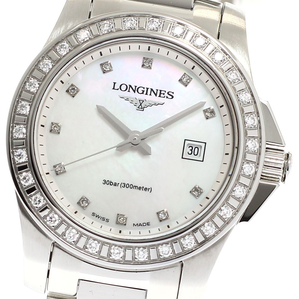 Longines Conquest L3.258.0 Ladies Quartz Date Watch: Longines Conquest L3.258.0 Ladies Quartz Date Watch This Longines Conquest Quartz women's wristwatch features a stainless steel case and bracelet with a white mother-of-pearl dial. The watch is powere