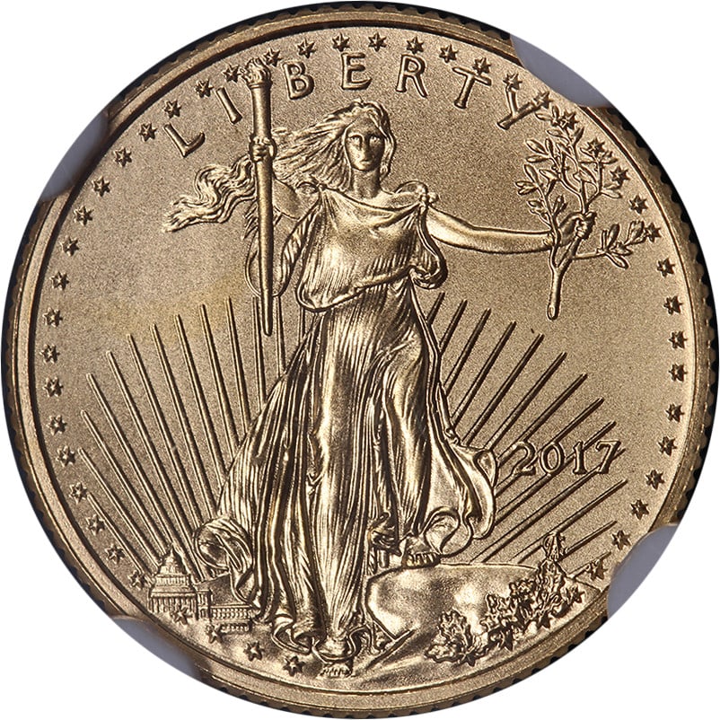 2017 Gold American Eagle $5 NGC MS70 First Releases Eagle Label: 2017 Gold American Eagle $5 NGC MS70 First Releases Eagle Label This 2017 Gold American Eagle $5 coin is graded NGC MS70, representing the highest quality and exceptional detail. Known for its superb 