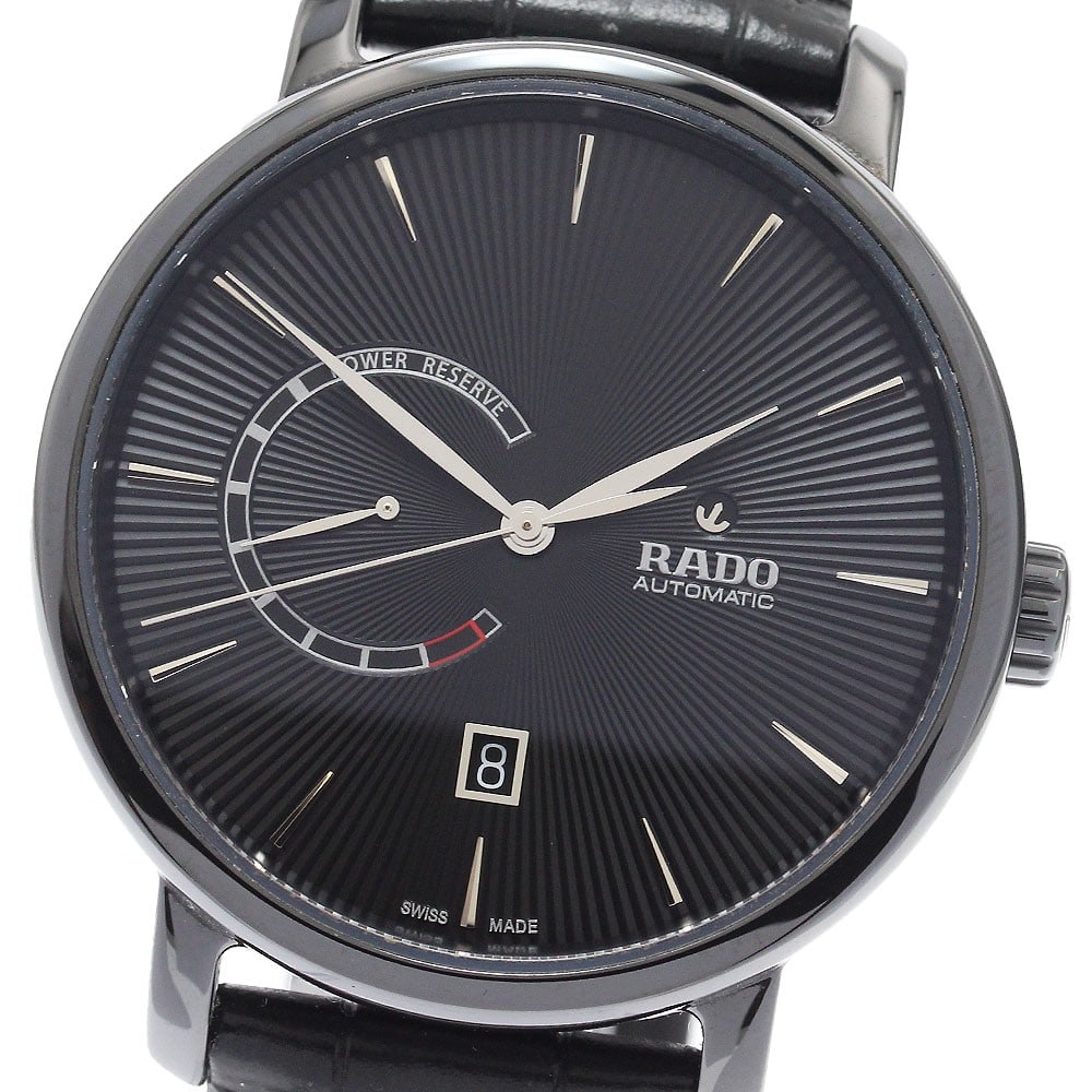 RADO DiaMaster Automatic Date Power Reserve Men's Wristwatch: RADO DiaMaster Automatic Date Power Reserve Men's Wristwatch This RADO DiaMaster Date Power Reserve men's wristwatch features a stainless steel case paired with a black dial and a leather strap. The w