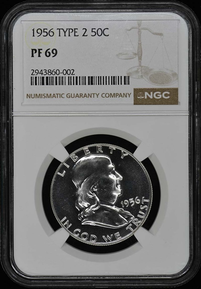 1956 Franklin Half Dollar NGC PR69 Proof Coin: 1956 Franklin Half Dollar NGC PR69 Proof Coin This 1956 Type 2 Franklin Half Dollar features a perfect PR69 grade, certified by NGC (Certification Number: 2943860002). Struck in Philadelphia, this unc