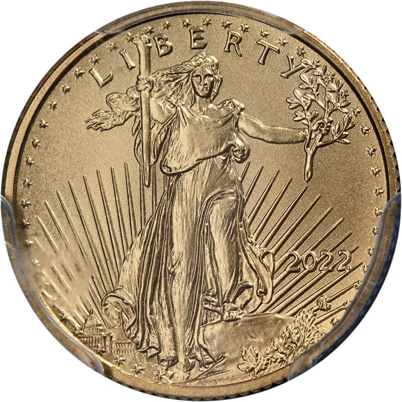 General Casey Signed 2022 $5 Gold Eagle Type 2 PCGS MS70 First Strike: General Casey Signed 2022 $5 Gold Eagle Type 2 PCGS MS70 First Strike This 2022 Gold American Eagle $5 Type 2 coin is graded MS70 by PCGS, indicating it is in perfect uncirculated condition. It is a 1