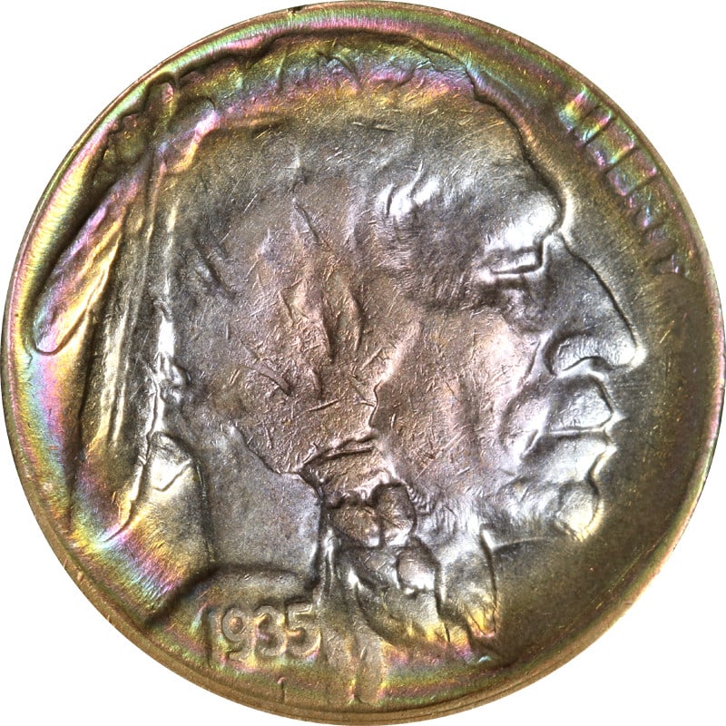 1935-D Buffalo Nickel Crazy Rainbow Uncertified Circulated Coin: 1935-D Buffalo Nickel Crazy Rainbow Uncertified Circulated Coin This 1935-D Buffalo Nickel showcases a stunning 'Crazy Rainbow' effect, making it a unique collectible for numismatists. The coin is com