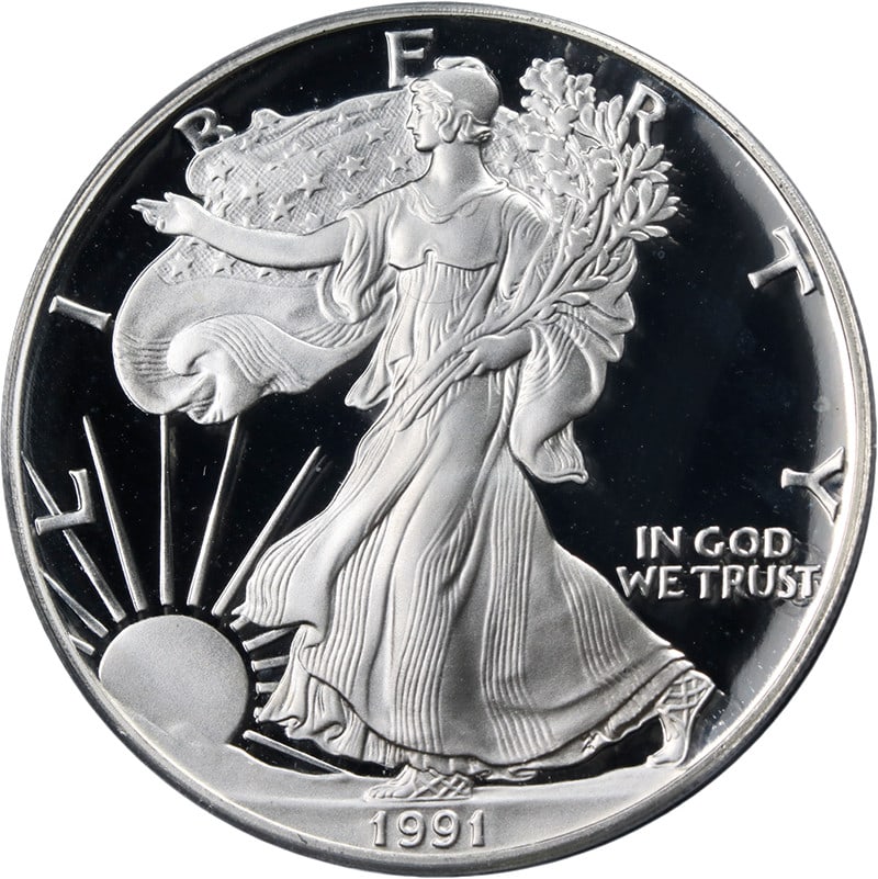 1991 Silver Eagle Dollar PCGS PR69 DCAM Reagan Legacy C. Reagan Autograph: 1991 Silver Eagle Dollar PCGS PR69 DCAM Reagan Legacy C. Reagan Autograph This is a 1991 Silver American Eagle $1 coin certified by PCGS with a PR69 Deep Cameo (DCAM) grade. It features a .999 fine si