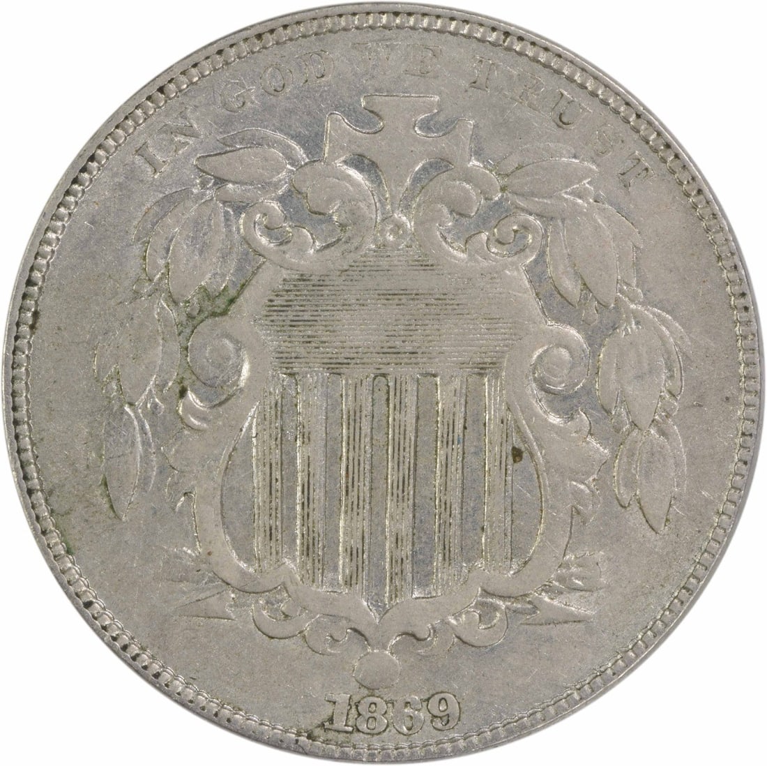 1869 Shield Nickel EF Circulated Uncertified Philadelphia Mint: 1869 Shield Nickel EF Circulated Uncertified Philadelphia Mint This 1869 Shield Nickel is a circulated coin that holds historical significance, having been minted in Philadelphia. The coin, designed b