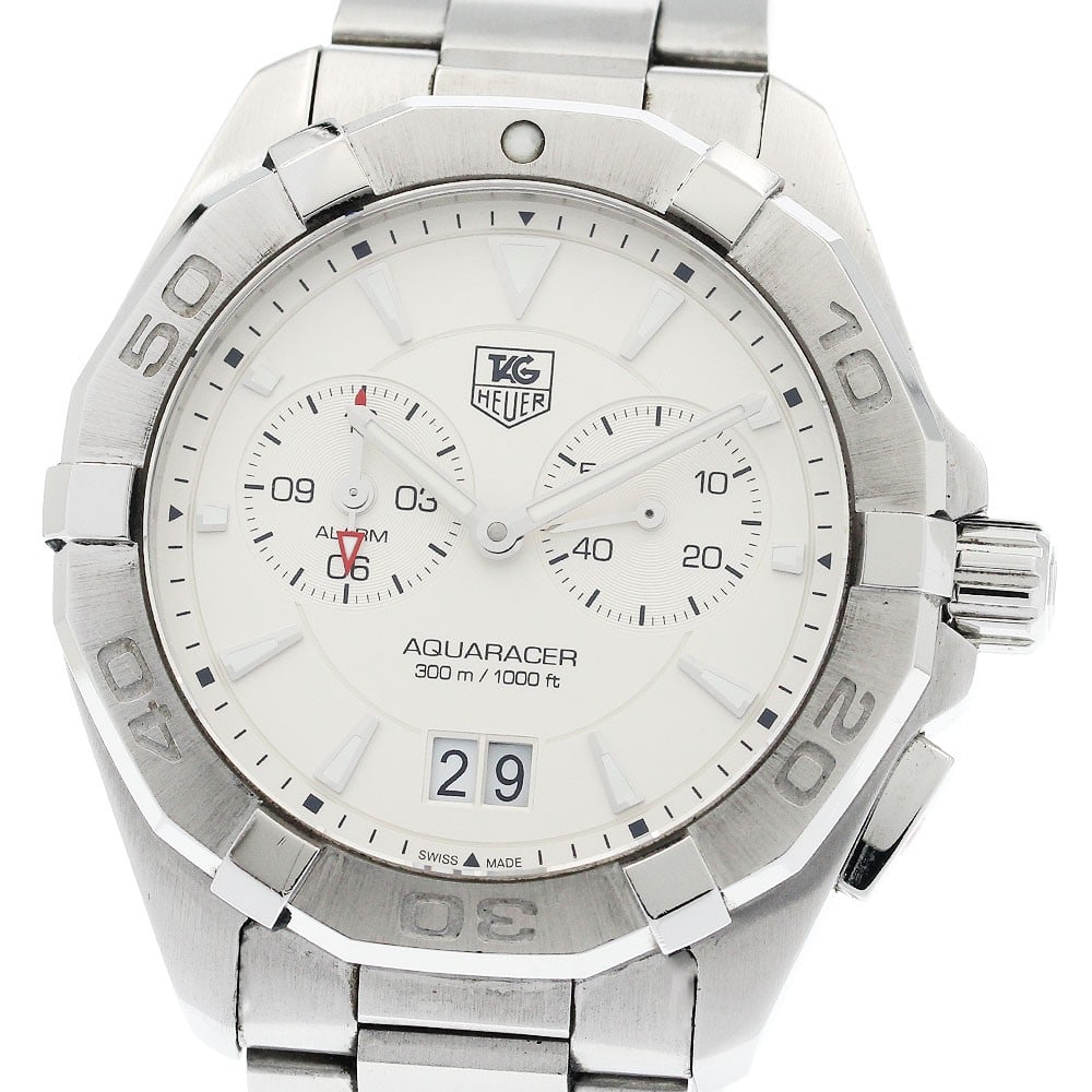 TAG Heuer Aquaracer Quartz Alarm Date Steel Men's Watch WAY111Y.BA0928: TAG Heuer Aquaracer Quartz Alarm Date Steel Men's Watch WAY111Y.BA0928 This TAG Heuer Aquaracer WAY111Y.BA0928 is a pre-owned men's wristwatch featuring a stainless steel case and band, with a silver 