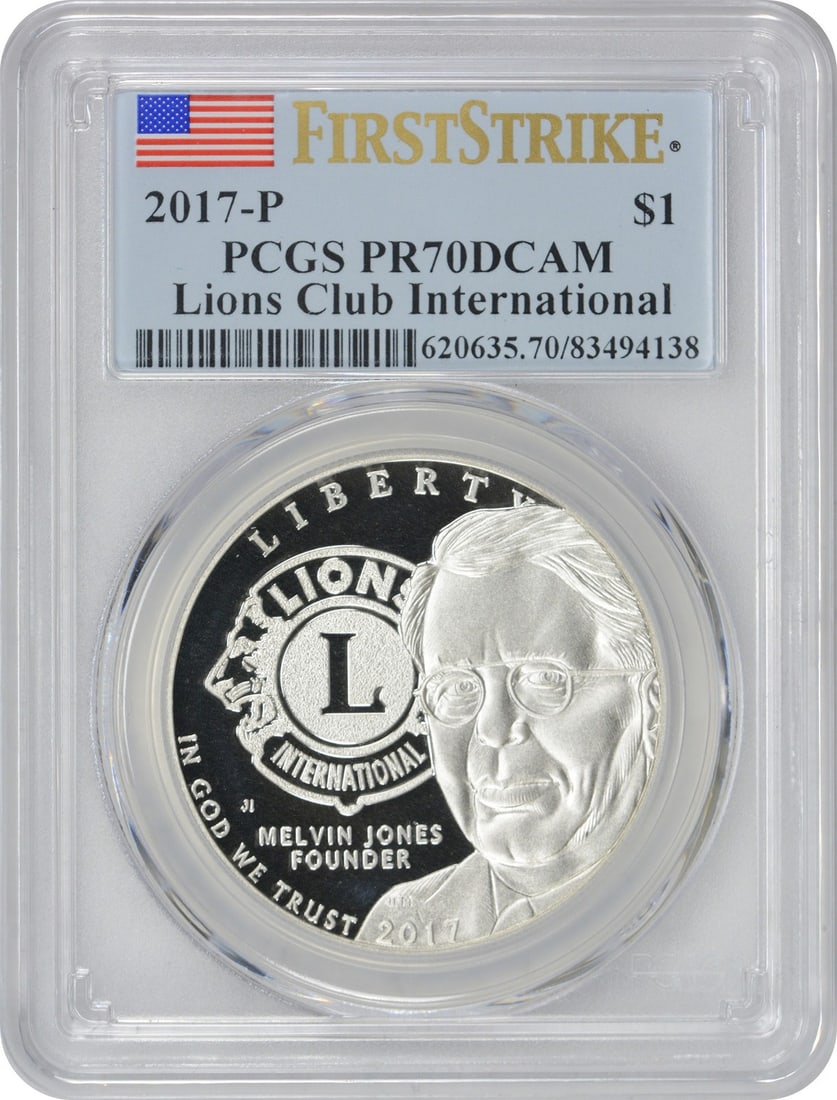 PCGS PR70 First Strike 2017-P Lions Club Proof Silver Dollar Commemorative Coin: PCGS PR70 First Strike 2017-P Lions Club Proof Silver Dollar Commemorative Coin This 2017-P Lions Club International Commemorative Dollar is a proof coin struck at the Philadelphia Mint. Certified PR7