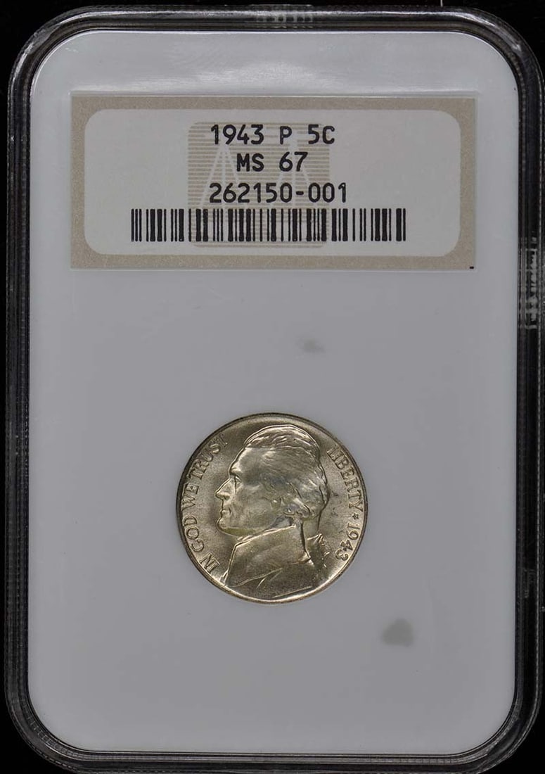 1943 NGC MS67 Jefferson Nickel Uncirculated Philadelphia Mint: 1943 NGC MS67 Jefferson Nickel Uncirculated Philadelphia Mint This 1943 Jefferson Nickel is certified by NGC and is graded MS67, indicating its exceptional uncirculated condition. Minted in Philadelph