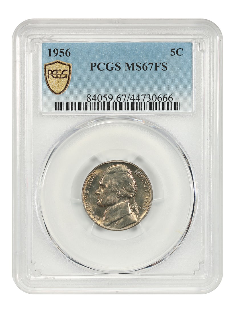 1956 Jefferson Nickel PCGS MS67FS Philadelphia Five Cent Uncirculated Coin: 1956 Jefferson Nickel PCGS MS67FS Philadelphia Five Cent Uncirculated Coin This is a 1956 Jefferson Nickel with a denomination of 5 cents, graded MS67FS by PCGS. The coin is uncirculated and features 