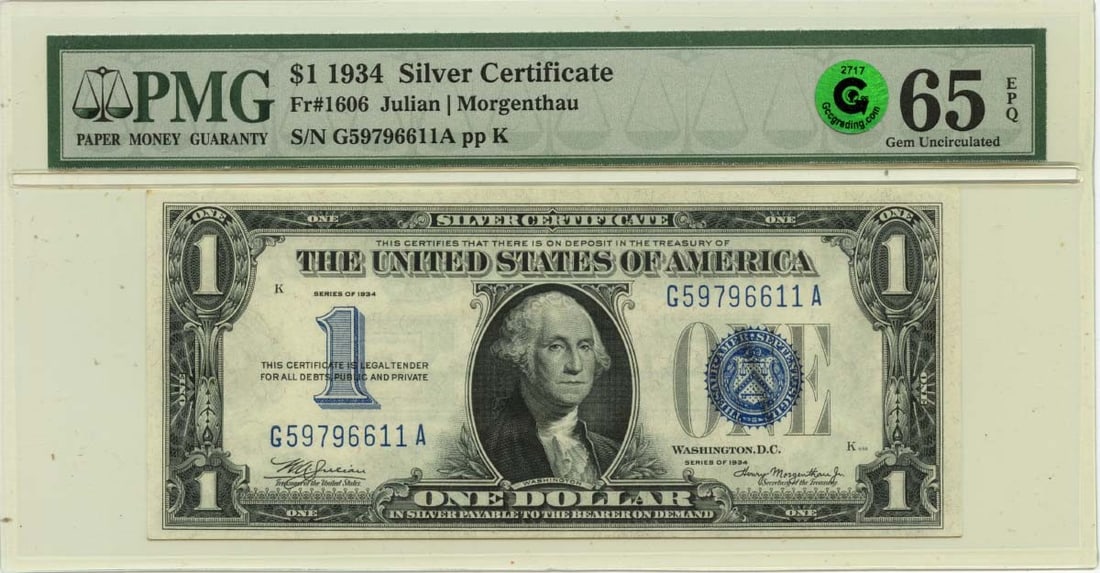 PMG GEM 65 EPQ 1934 United States $1 Silver Certificate FR1606: PMG GEM 65 EPQ 1934 United States $1 Silver Certificate FR1606 This is a 1934 $1 Silver Certificate from the United States, certified by PMG with a grade of MS65 GEM EPQ. The note is uncirculated and 