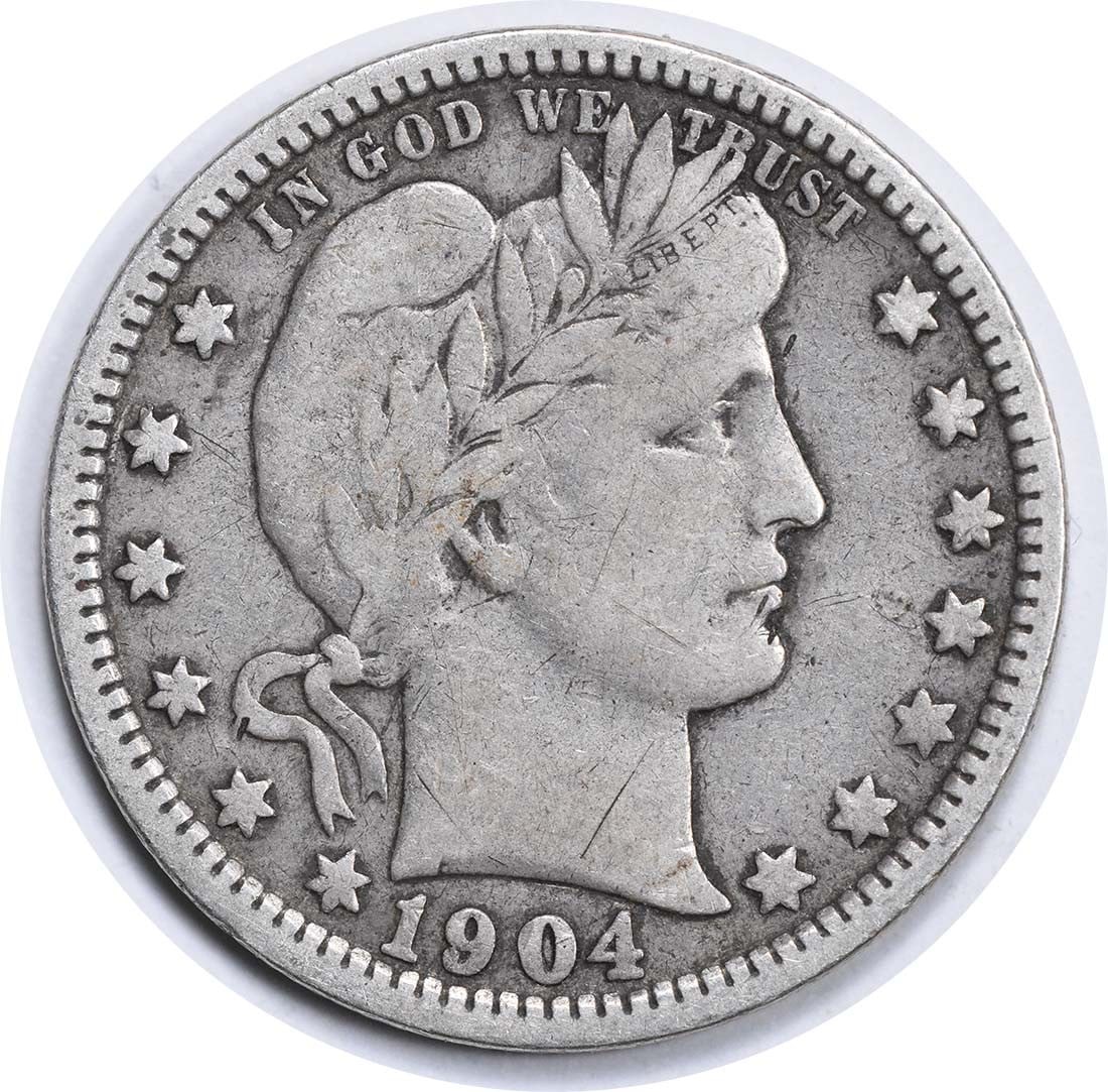 1904-O Barber Quarter 90% Silver Uncertified 25C Coin: 1904-O Barber Quarter 90% Silver Uncertified 25C Coin This 1904-O Barber Silver Quarter is a remarkable piece of numismatic history, featuring the iconic design by Charles E. Barber. Minted in New Orl