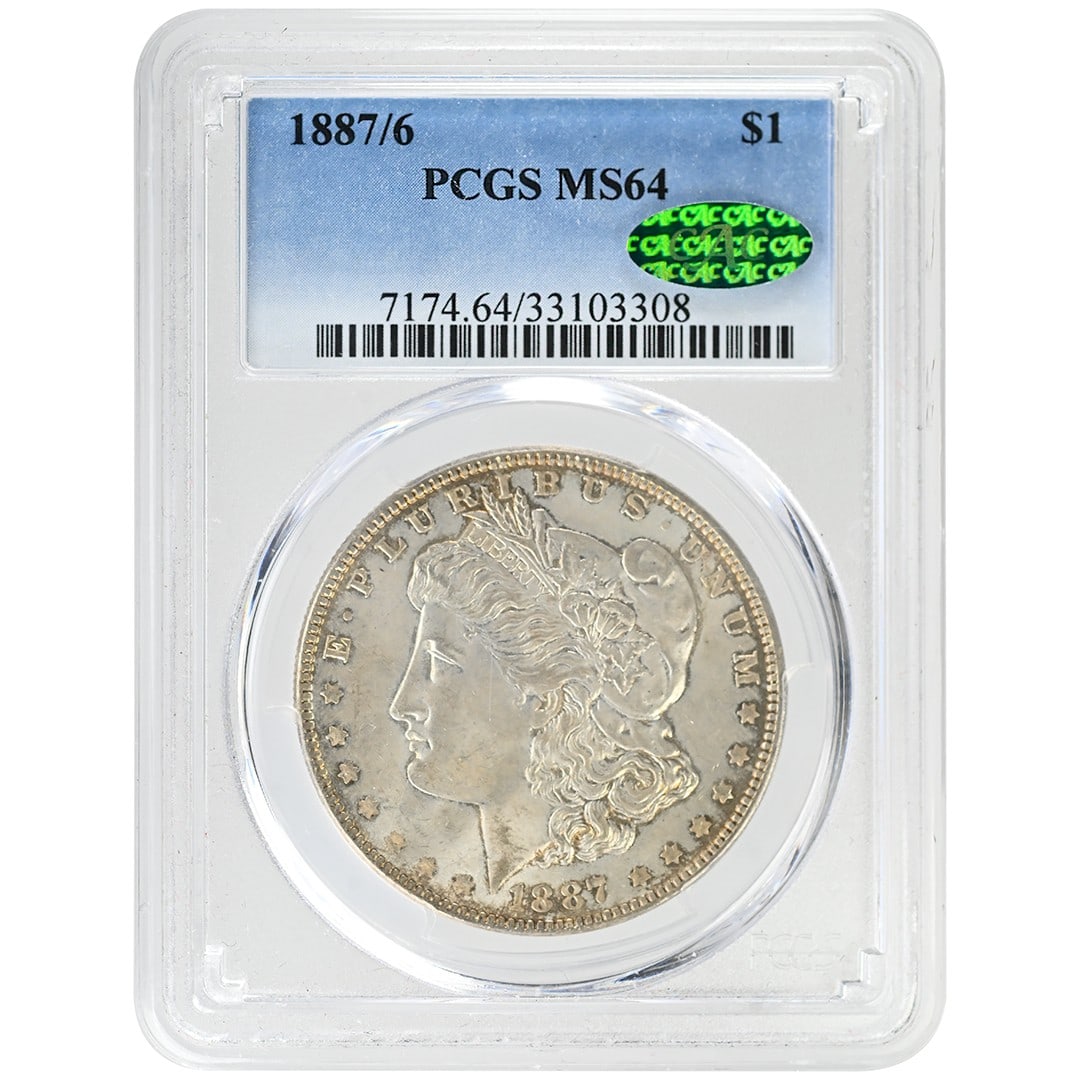 PCGS CAC 1887 6 Morgan Silver Dollar MS64: PCGS CAC 1887 6 Morgan Silver Dollar MS64 This 1887/6 Morgan Dollar is an uncirculated silver coin from the United States, certified by PCGS and CAC with a grade of MS64. Minted in Philadelphia, it fe