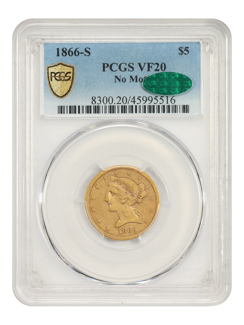 PCGS CAC 1866-S Liberty Head $5 Gold Coin VF20: PCGS CAC 1866-S Liberty Head $5 Gold Coin VF20 This 1866-S Liberty Head $5 gold coin is a circulated example graded VF20 by PCGS and features CAC endorsement. As the final year of the No Motto design 