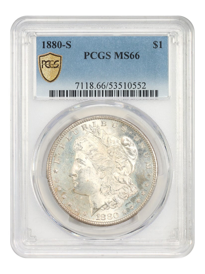 PCGS MS66 1880 San Francisco Morgan Silver Dollar: PCGS MS66 1880 San Francisco Morgan Silver Dollar This 1880-S Morgan Dollar is a popular collector's coin, graded MS66 by PCGS. Struck at the San Francisco Mint, it is known for its consistently crisp