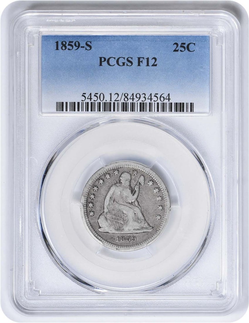 1859-S Liberty Seated Silver Quarter 25C PCGS Certified F: 1859-S Liberty Seated Silver Quarter 25C PCGS Certified F This 1859-S Liberty Seated Silver Quarter features a grade of F (Fine) and is encapsulated by PCGS for authenticity. Struck at the San Francis