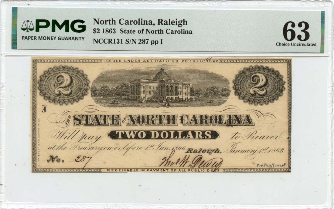 State of North Carolina 1863 Two Dollar Currency PMG Certified Uncirculated (1 of 2)