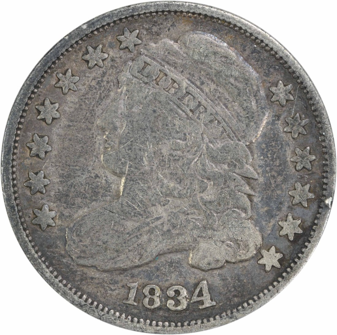 1834 Capped Bust Silver Dime 10C Uncertified Philadelphia Mint: 1834 Capped Bust Silver Dime 10C Uncertified Philadelphia Mint This 1834 Capped Bust Silver Dime is a historical coin, minted in Philadelphia. With a denomination of 10 cents, it features the intricat