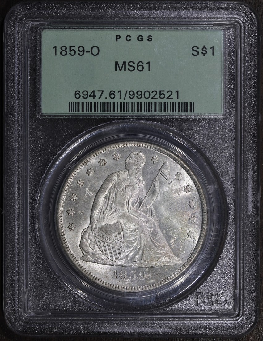 PCGS MS61 1859-O Seated Liberty Silver Dollar No Motto: PCGS MS61 1859-O Seated Liberty Silver Dollar No Motto This 1859 Seated Liberty Dollar features the No Motto variety and has been graded MS 61 by PCGS. Struck in New Orleans, this uncirculated silver 