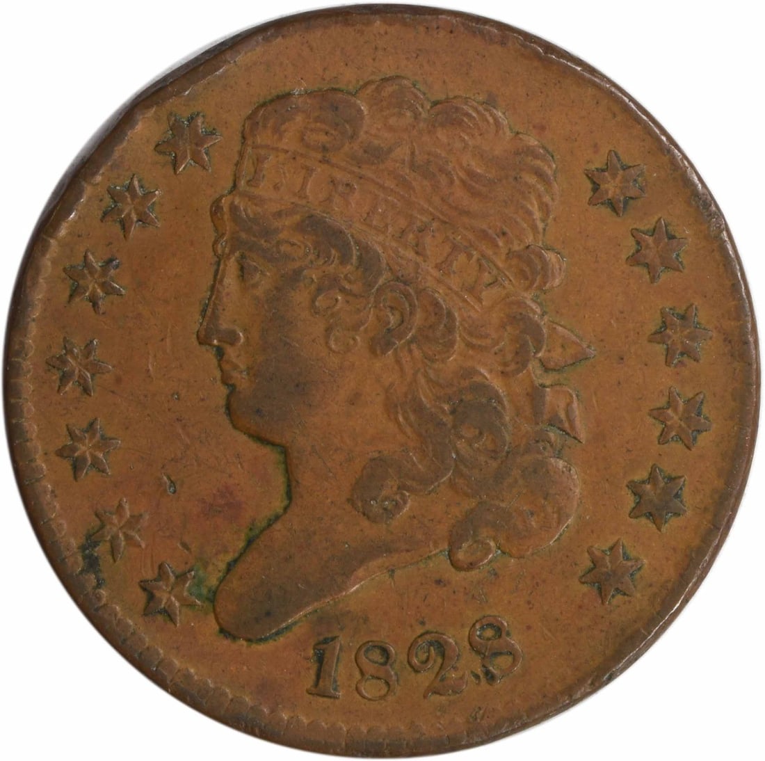 Classic Head 1828 Copper Half Cent EF: Classic Head 1828 Copper Half Cent EF This 1828 Classic Head Half Cent features 13 stars and was struck at the Philadelphia Mint. Designed by John Reich, the coin is composed of copper and has a plain