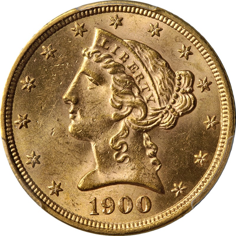PCGS MS64 1900 P Liberty Gold Half Eagle: PCGS MS64 1900 P Liberty Gold Half Eagle This original 1900-P Liberty Gold $5 coin is graded PCGS MS64, offering superb eye appeal with outstanding luster and a strong strike. The coin features except