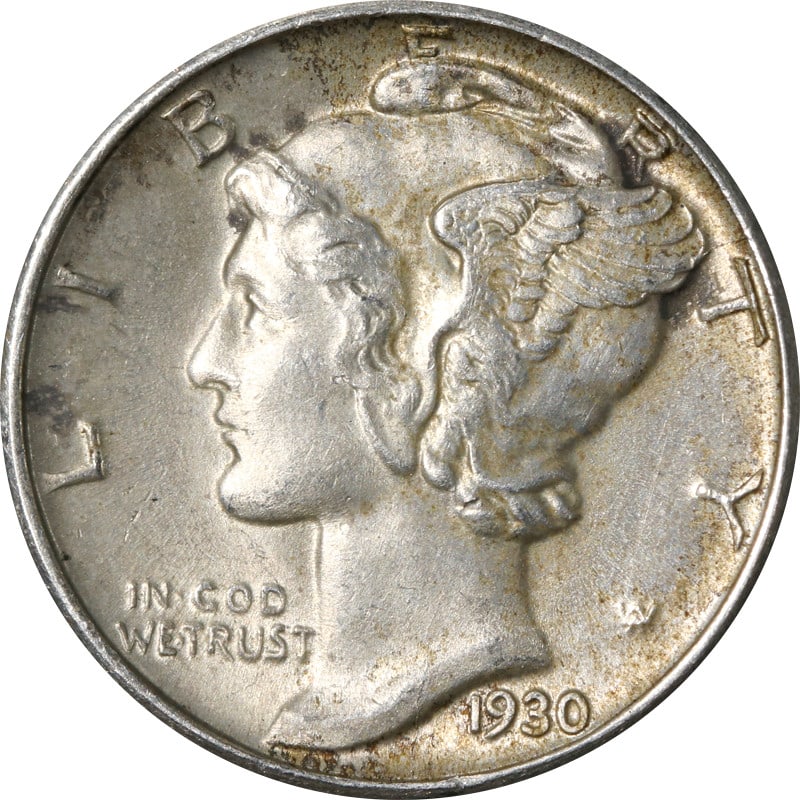 1930 P Silver Mercury Dime Split Bands: 1930 P Silver Mercury Dime Split Bands This 1930-P Mercury Dime features the iconic Winged Liberty Head design and displays split bands on the reverse. Struck in silver with a fineness of 0.9, this ci