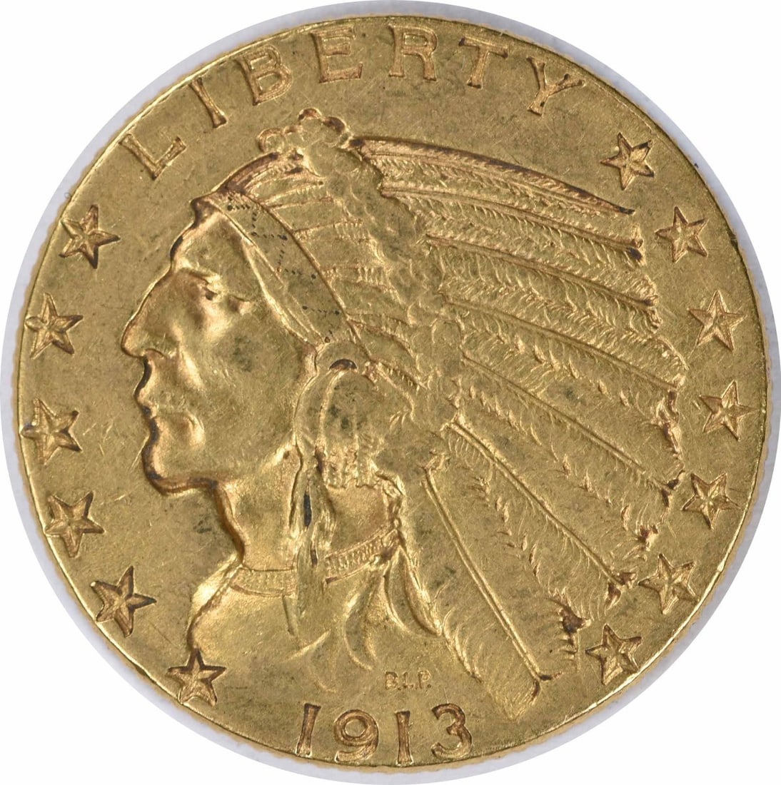 1913 Indian Head $5 Gold Coin XF Uncertified Philadelphia Mint: 1913 Indian Head $5 Gold Coin XF Uncertified Philadelphia Mint This 1913 $5 Gold Indian coin was minted in Philadelphia and features the iconic design by Bela Lyon Pratt. Composed of 90% gold and 10% 