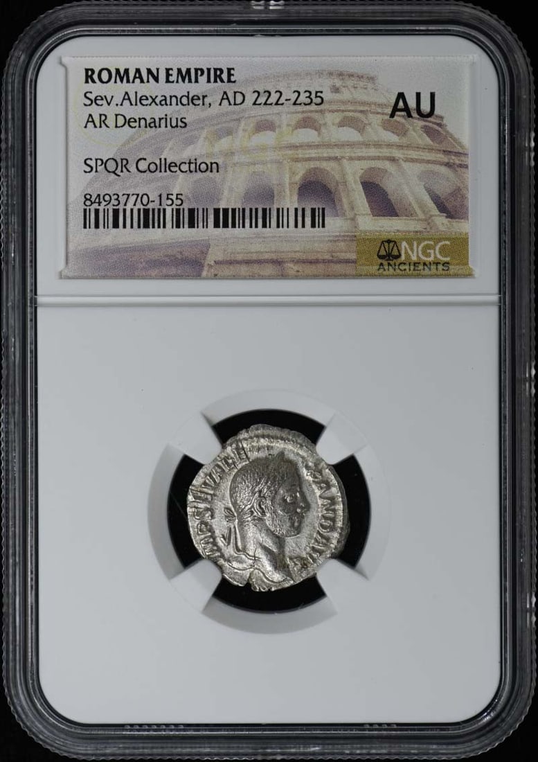 Roman Empire Silver Denarius of Severus Alexander NGC AU50: Roman Empire Silver Denarius of Severus Alexander NGC AU50 Roman Empire AR Denarius from the reign of Severus Alexander (AD 222-235), certified by NGC with a grade of AU50. This pre-owned ancient silv