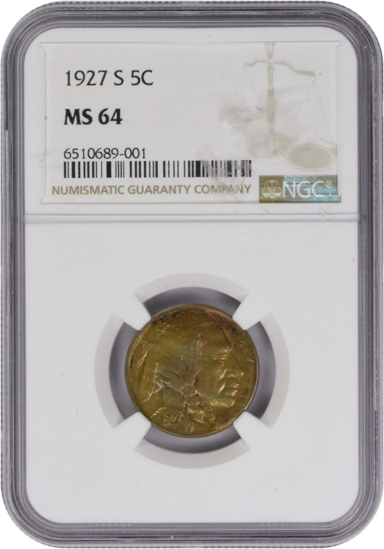 1927 San Francisco Buffalo Nickel Graded MS64 by NGC: 1927 San Francisco Buffalo Nickel Graded MS64 by NGC This is a 1927-S Buffalo Nickel graded MS64 by NGC. Struck at the San Francisco Mint, this uncirculated coin features a composition of 75% copper a
