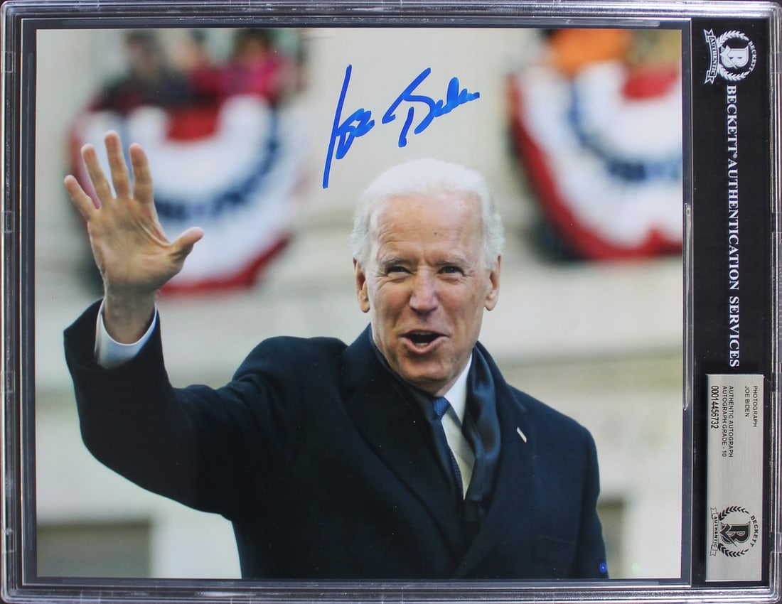 Joe Biden 8x10 Signed Photo Beckett Slab Gem Mint 10 Autograph: Joe Biden 8x10 Signed Photo Beckett Slab Gem Mint 10 Autograph This 8x10 photo has been personally signed by Joe Biden and is authenticated by Beckett Authentication Services. The autograph has receiv