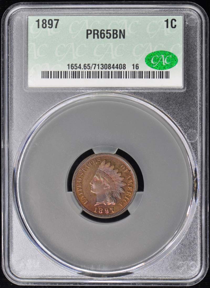1897 Indian Cent Proof PR65BN CACG Certified Bronze Coin: 1897 Indian Cent Proof PR65BN CACG Certified Bronze Coin This 1897 Indian Cent is a remarkable collectible, certified by CACG with a PR65BN grade, indicating its superb quality. Struck in Philadelphia