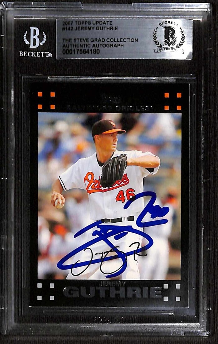 Jeremy Guthrie Signed 2007 Topps Update #142 Card Beckett Authenticated: Jeremy Guthrie Signed 2007 Topps Update #142 Card Beckett Authenticated This is an authentic autographed 2007 Topps Update #142 sports trading card featuring Jeremy Guthrie, a former pitcher for the B