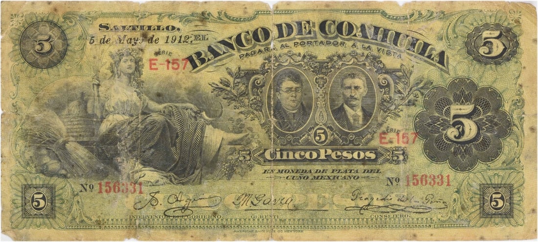 1912 Mexico 5 Pesos Banco de Coahuila S195B Uncertified Banknote: 1912 Mexico 5 Pesos Banco de Coahuila S195B Uncertified Banknote This is a 5 Pesos banknote issued by Banco de Coahuila, Mexico in 1912. The note is circulated and uncertified, making it a collectible