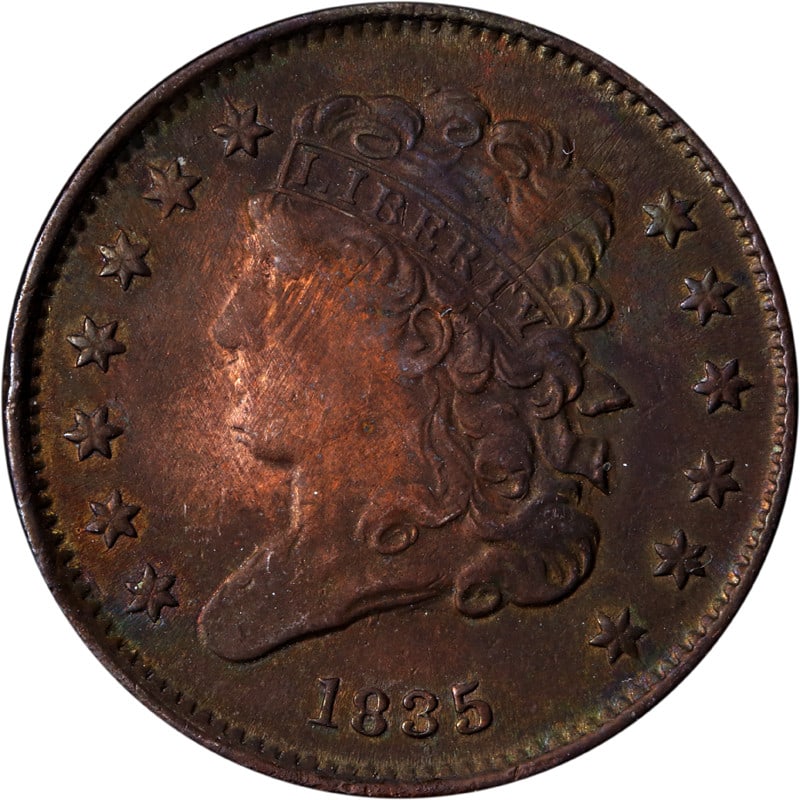 1835 United States Copper Half Cent Coin Circulated: 1835 United States Copper Half Cent Coin Circulated This 1835 Half Cent is a pre-owned, circulated coin from the United States, made of copper. It represents a piece of early American numismatic histo