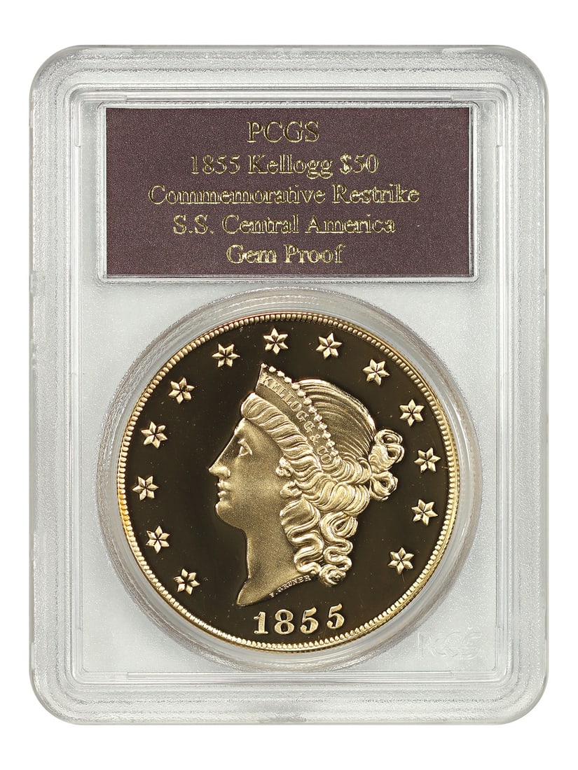 1855 Kellogg $50 Gold Replica Gem Proof PCGS With Box Frame and COA: 1855 Kellogg $50 Gold Replica Gem Proof PCGS With Box Frame and COA This 1855 Kellogg Restrike $50 gold coin is an uncirculated commemorative piece graded PCGS Gem Proof 65. Struck in 2.41 ounces of g