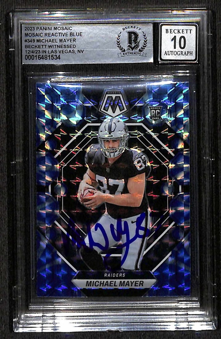 Michael Mayer Signed 2023 Panini Mosaic #349 Card Auto Grade 10 Beckett: Michael Mayer Signed 2023 Panini Mosaic #349 Card Auto Grade 10 Beckett This is an autographed 2023 Panini Mosaic #349 trading card featuring Michael Mayer, the Las Vegas Raiders Tight End. The card i