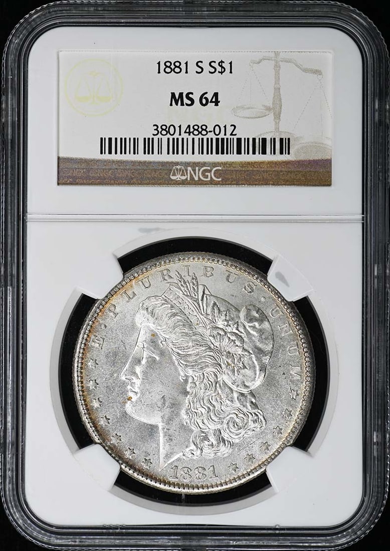 NGC MS64 1881-S San Francisco Morgan Dollar: NGC MS64 1881-S San Francisco Morgan Dollar This is an 1881 Morgan Dollar from the San Francisco Mint, graded MS64 by NGC. The coin is uncirculated and comes certified with the NGC certification numbe