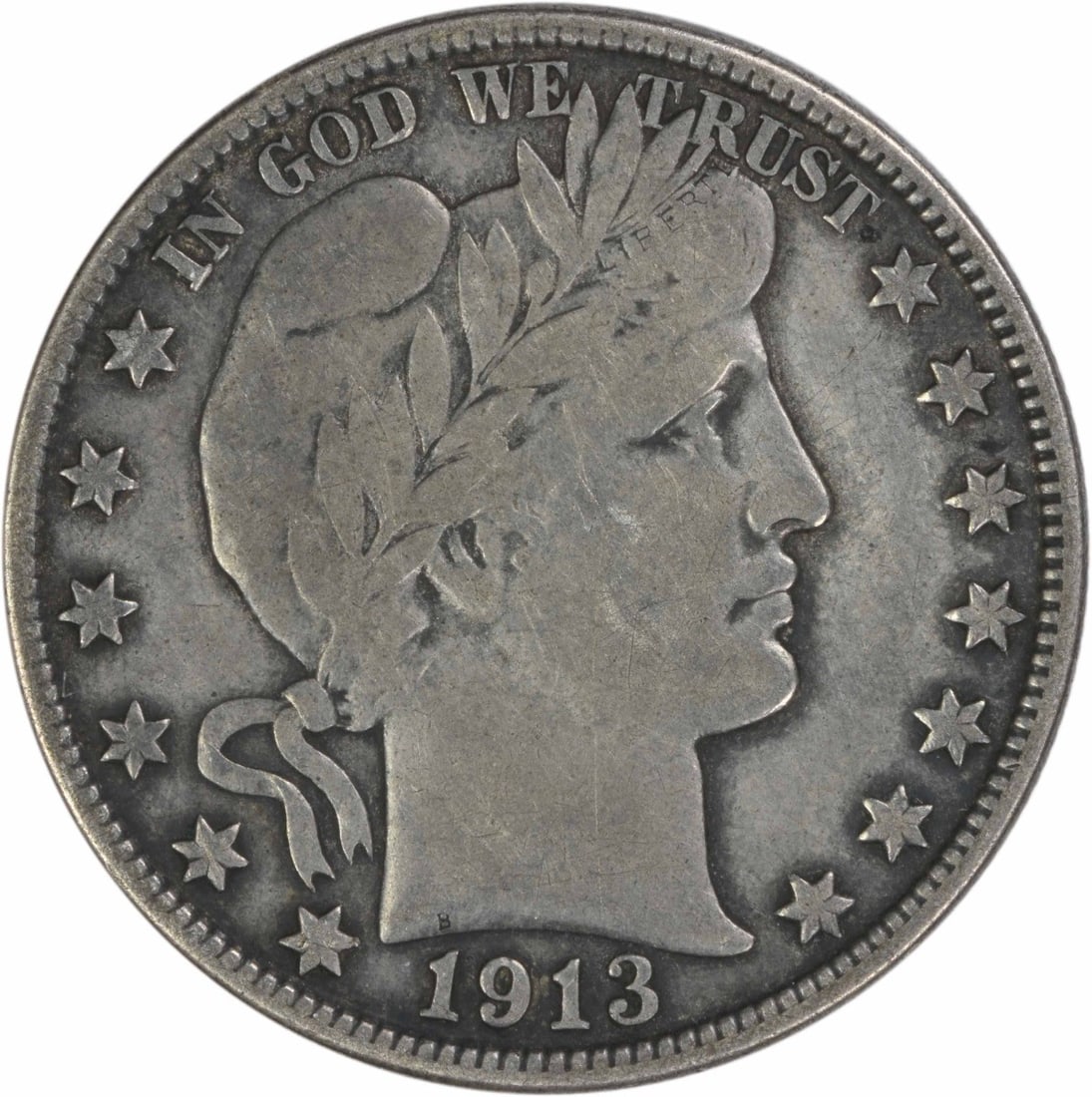 Barber Half Dollar 1913 Denver Mint 90 Percent Silver VF Grade Uncertified: Barber Half Dollar 1913 Denver Mint 90 Percent Silver VF Grade Uncertified This 1913-D Barber Half Dollar is a circulated coin graded VF (Very Fine) and remains uncertified. Minted in Denver, it featu