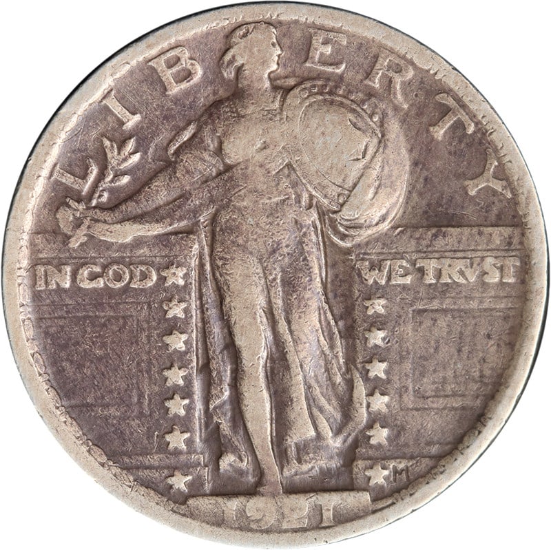 1921 Standing Liberty Silver Quarter F VF Key Date: 1921 Standing Liberty Silver Quarter F VF Key Date This 1921 Standing Liberty Quarter is a circulated silver coin from the United States, noted for its attractive eye appeal and well-defined strike. T