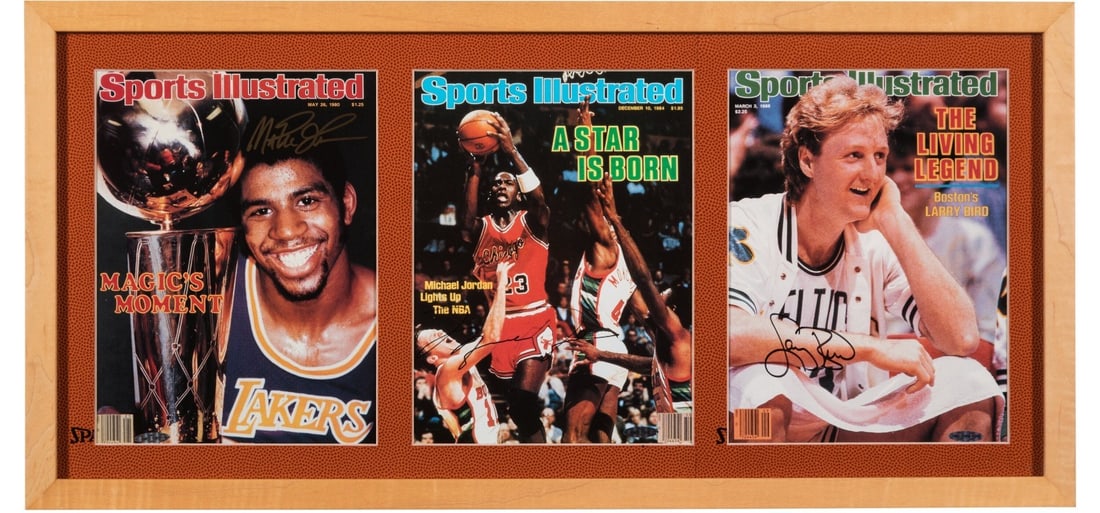 Signed Sports Illustrated Covers Trio Display Jordan Bird Johnson PSA Authenticated: Signed Sports Illustrated Covers Trio Display Jordan Bird Johnson PSA Authenticated This display features original Sports Illustrated cover prints signed by basketball legends Michael Jordan, Larry Bi