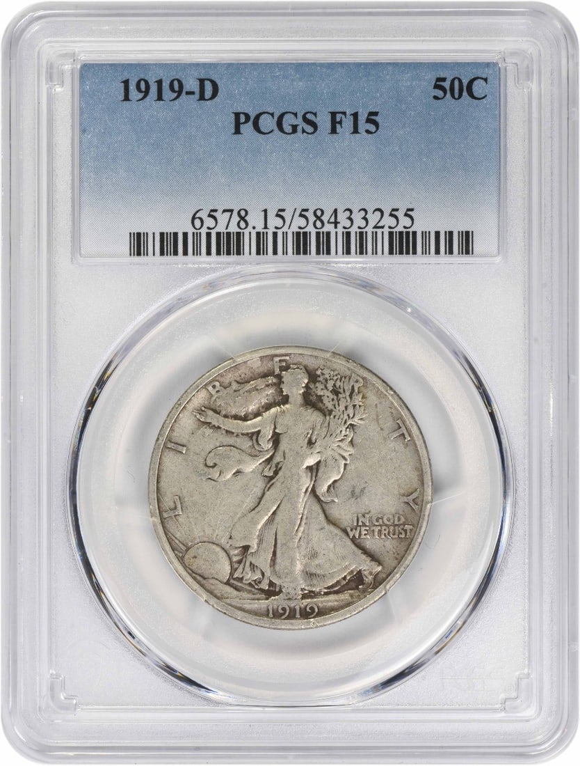 PCGS F15 1919 Denver Liberty Walking 50C Silver Half Dollar: PCGS F15 1919 Denver Liberty Walking 50C Silver Half Dollar This 1919-D Walking Liberty Half Dollar is graded F15 by PCGS. Struck at the Denver Mint, it features a composition of 90% silver and 10% co