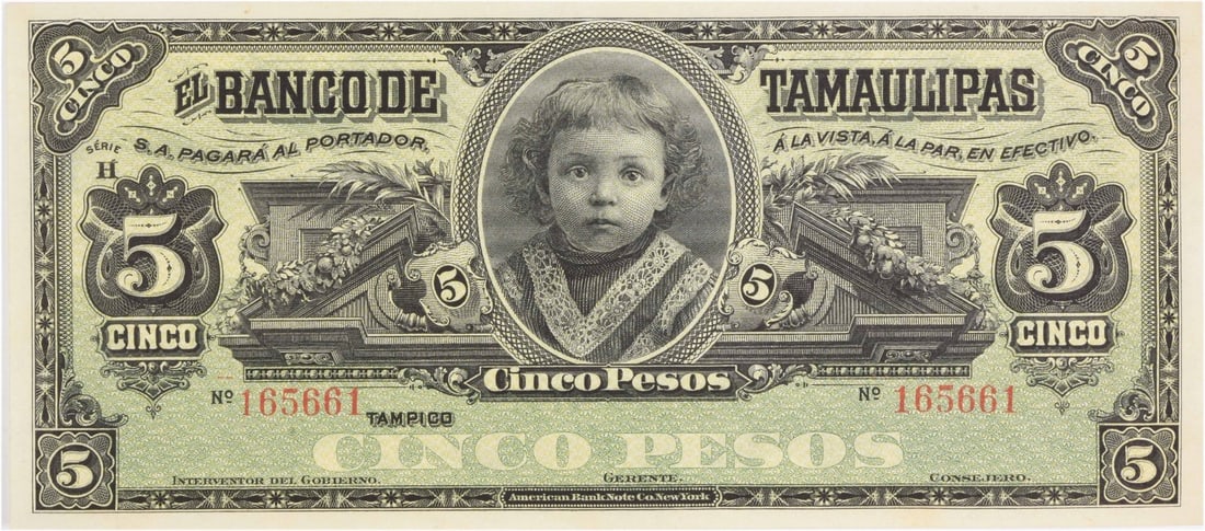 1914 Mexico Banco de Tamaulipas 5 Pesos Remainder Note Uncirculated S429R: 1914 Mexico Banco de Tamaulipas 5 Pesos Remainder Note Uncirculated S429R This is an uncirculated 5 Pesos remainder banknote issued by the Banco de Tamaulipas in Mexico in 1914. The note is uncertifie