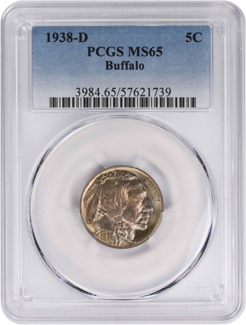 PCGS MS65 1938-D Buffalo Nickel 5C: PCGS MS65 1938-D Buffalo Nickel 5C This 1938-D Buffalo Nickel is graded MS65 by PCGS, indicating it is in uncirculated condition. Featuring the iconic Buffalo design, this U.S. coin was minted in Denv