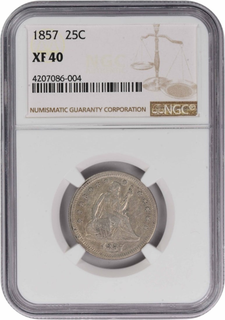 NGC Certified 1857 Seated Liberty Quarter 90 Percent Silver XF40: NGC Certified 1857 Seated Liberty Quarter 90 Percent Silver XF40 This 1857 Liberty Seated Silver Quarter is certified by NGC with an EF40 (Extremely Fine) grade. Minted at the Philadelphia Mint, the c