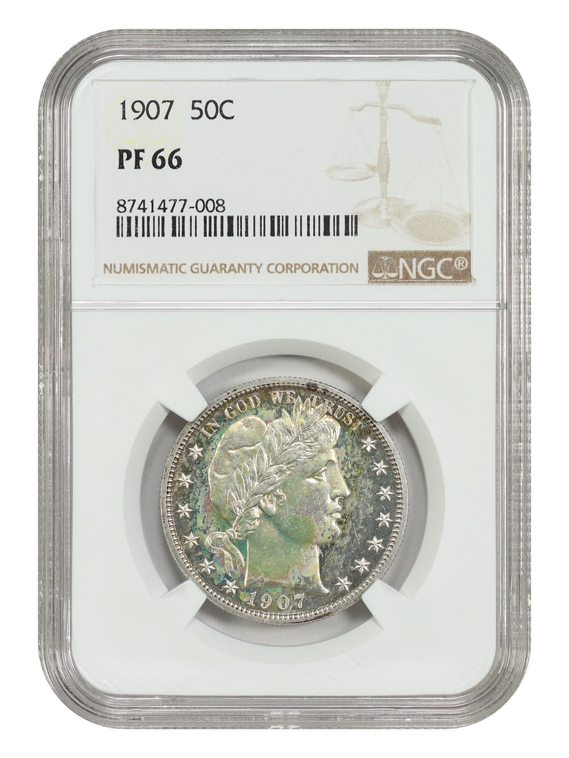 1907 Barber Half Dollar NGC PR66 Proof 50C Philadelphia: 1907 Barber Half Dollar NGC PR66 Proof 50C Philadelphia This 1907 Barber Half Dollar is a low mintage proof issue, with only 575 coins struck. Graded PR66 by NGC, this uncirculated coin features vibra