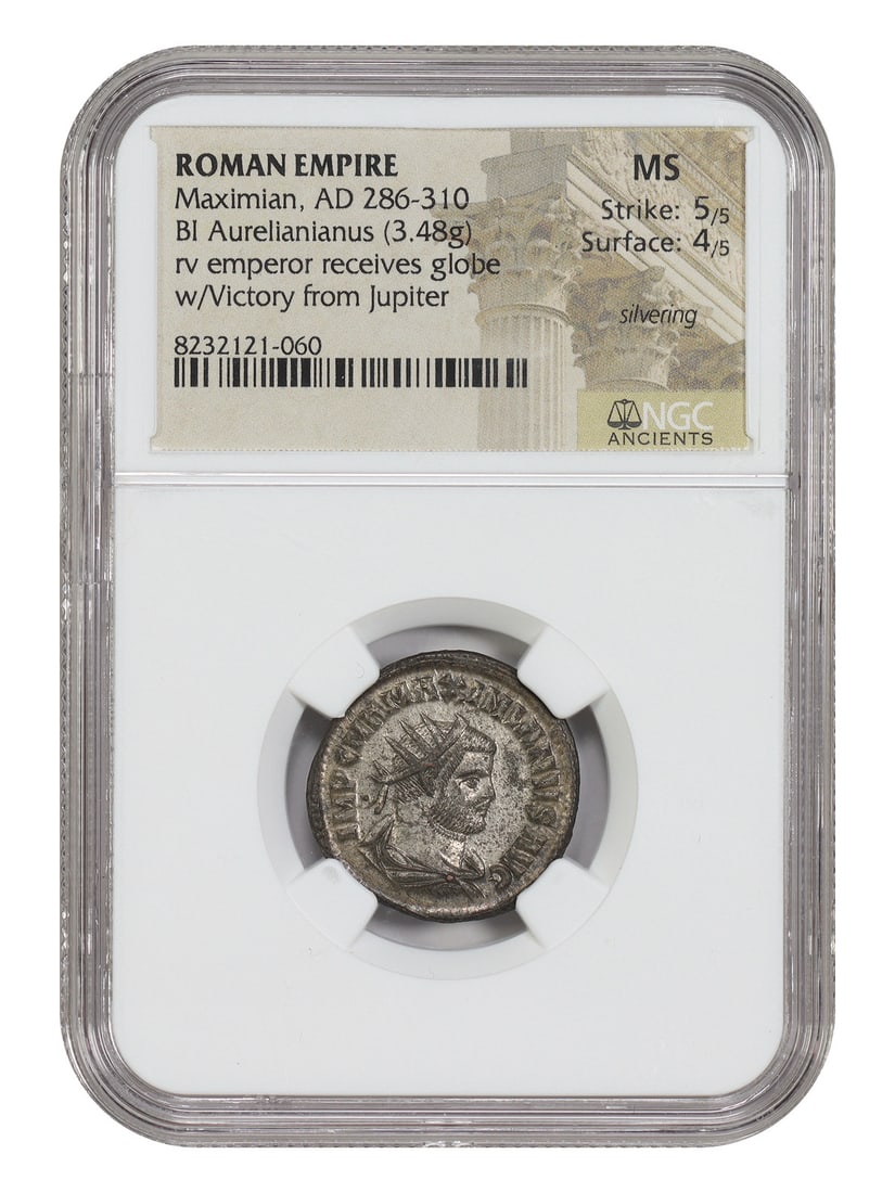 Maximian BI Aurelianianus Roman coin with silvering: Maximian BI Aurelianianus Roman coin with silvering This Ancient Roman BI Aurelianianus coin was minted during the reign of Maximian (AD 286-310). Featuring remnants of its original silvering, it offe