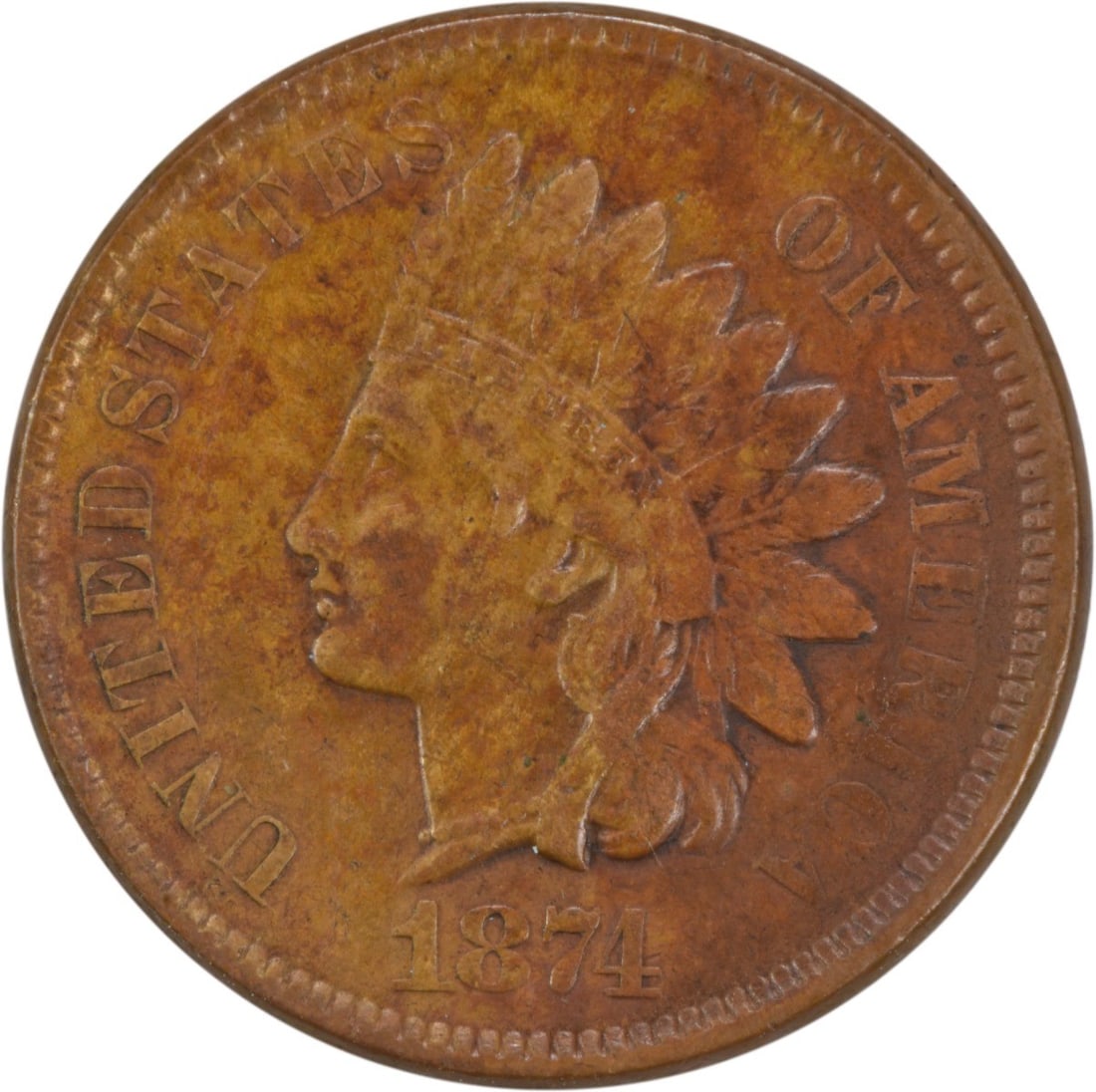 1874 Indian Head Cent VF Uncertified 19mm Copper Coin: 1874 Indian Head Cent VF Uncertified 19mm Copper Coin This 1874 Indian Cent showcases the iconic Indian Head design by James Barton Longacre. It is a circulated coin, graded as Very Fine (VF), with a 