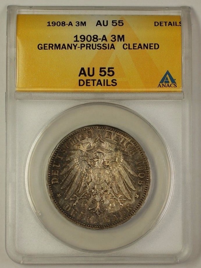 ANACS 1908 Germany Prussia 3 Mark Silver Coin AU 55 Details (1 of 2)