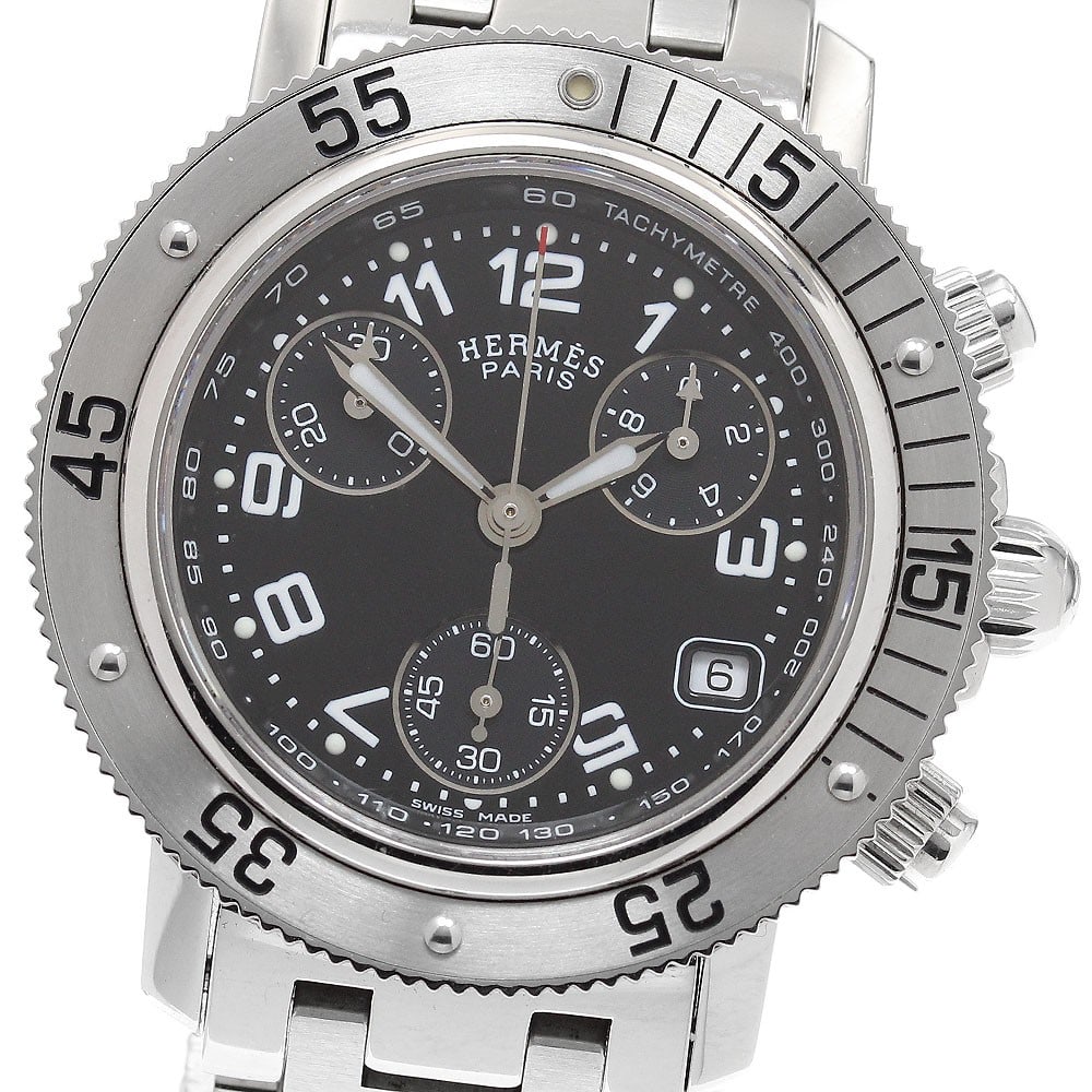 Hermes Clipper Diver CL2.310 Quartz Chronograph Ladies Watch: Hermes Clipper Diver CL2.310 Quartz Chronograph Ladies Watch This pre-owned Hermes Clipper Diver Chronograph wristwatch features a stainless steel case and bracelet, complemented by a black dial. It i