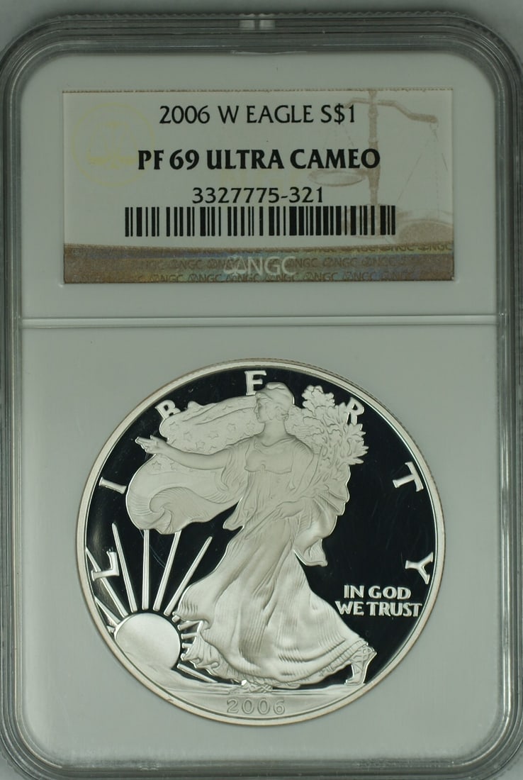NGC PR 69 Ultra Cameo 2006-W Proof Silver Eagle Dollar Coin: NGC PR 69 Ultra Cameo 2006-W Proof Silver Eagle Dollar Coin This is a 2006-W American Proof Silver Eagle $1 coin, graded PF 69 Ultra Cameo by NGC. The coin features a proof strike and is commemorative