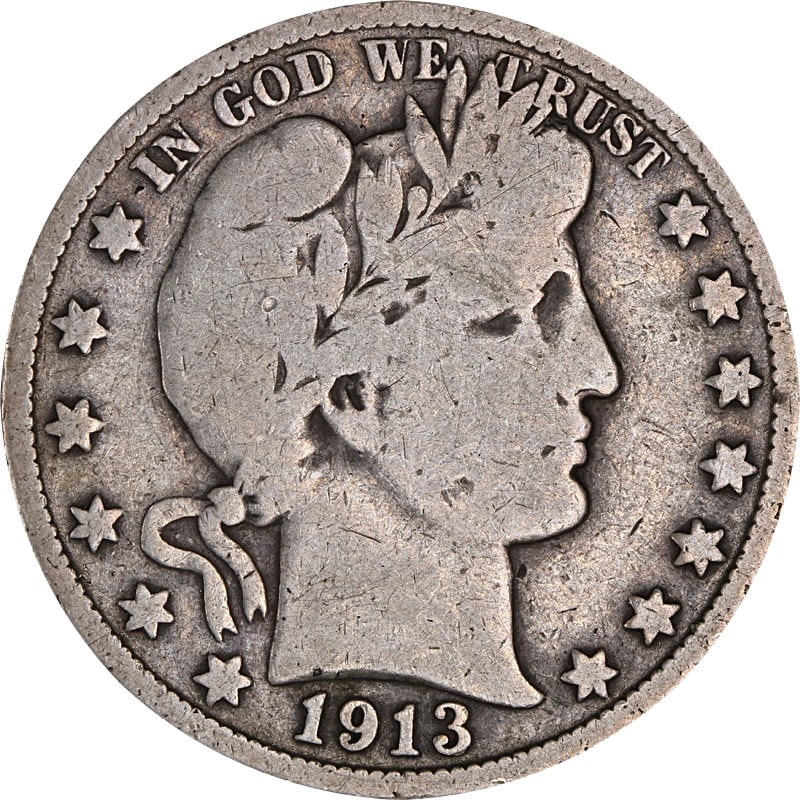 Silver 1913 Philadelphia Barber Half Dollar Coin United States: Silver 1913 Philadelphia Barber Half Dollar Coin United States This is a 1913-P Barber Half Dollar from the United States, minted in Philadelphia. The coin is composed of silver and has been circulate